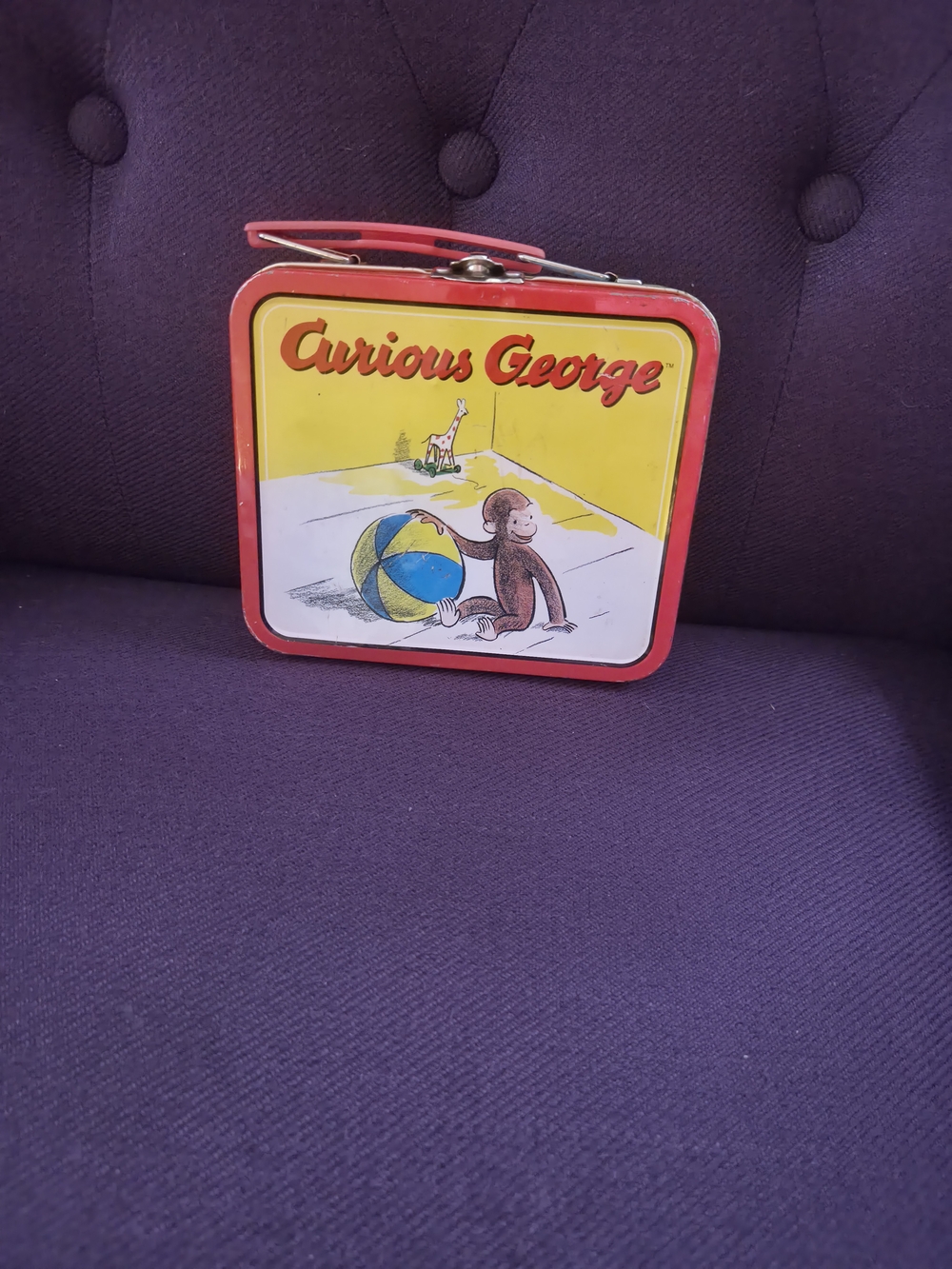 VTG Curious George Red Yellow Tin Lunchbox - Classic Kids Toy